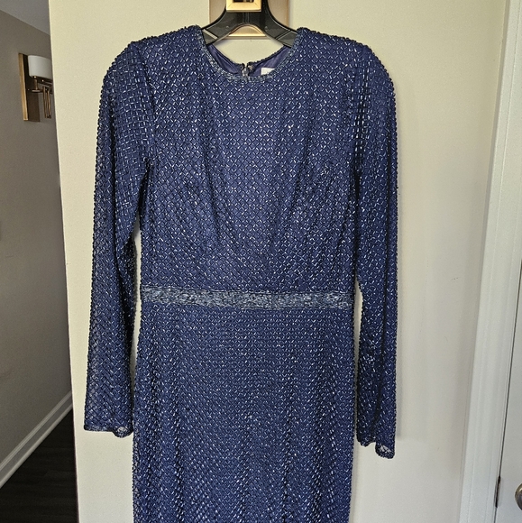 Mac Duggal Navy Bugle Bead Long Sleeve Sheath Formal Gown NWT Size 6 - Picture 5 of 16